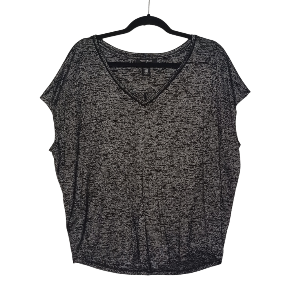 WHITE HOUSE BLACK MARKET Black Marled Print V Neck Short Sleeve Stretchy Top L